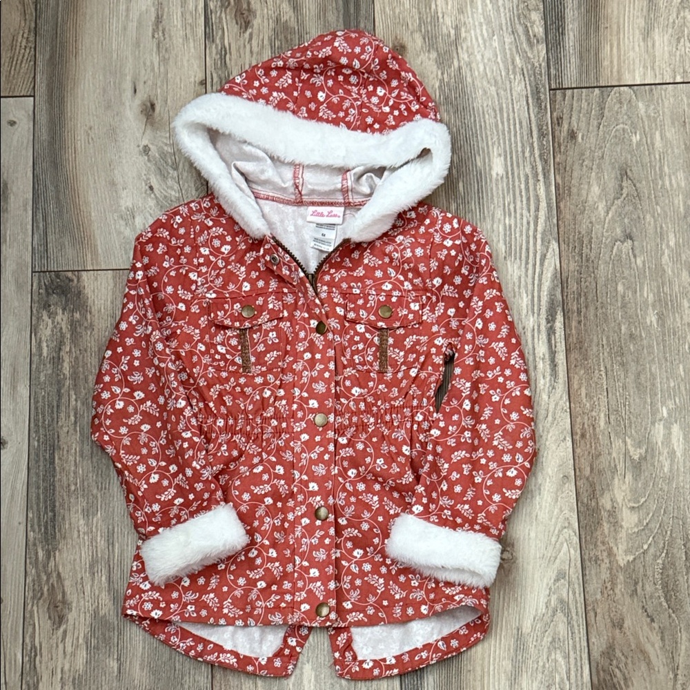 Little Lass Floral Jacket with White Fur Trim